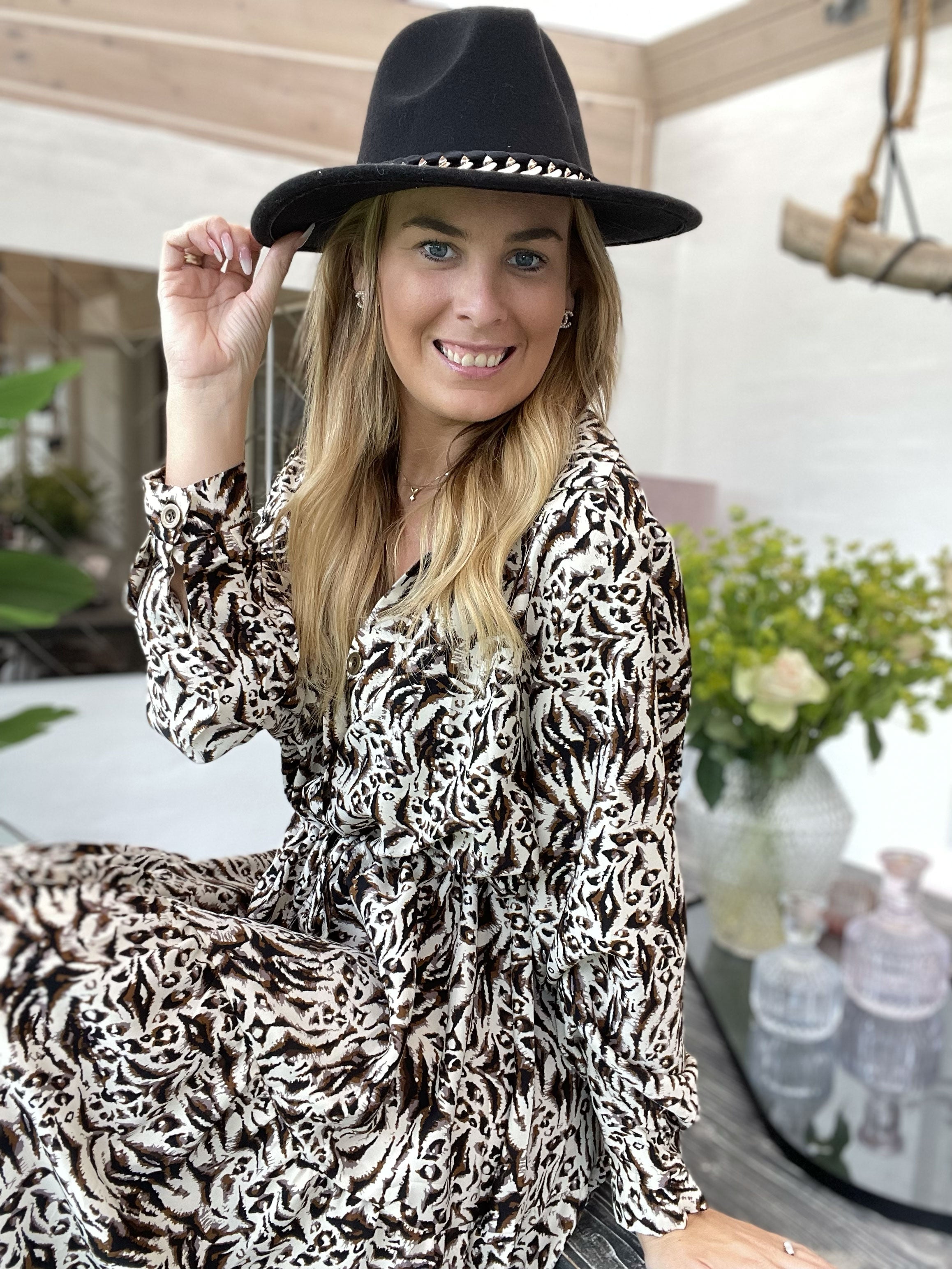 Naia - Lang skjortekjole med mønster og bindebånd